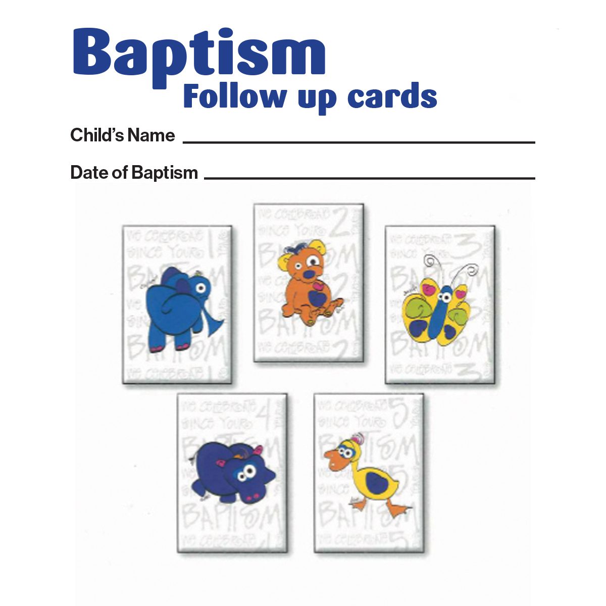 Five baptism follow-up cards featuring colourful cartoon animals