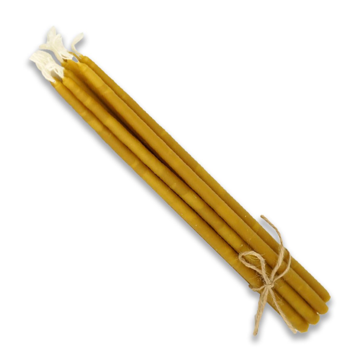 Bundle of unlit golden taper candles tied with twine