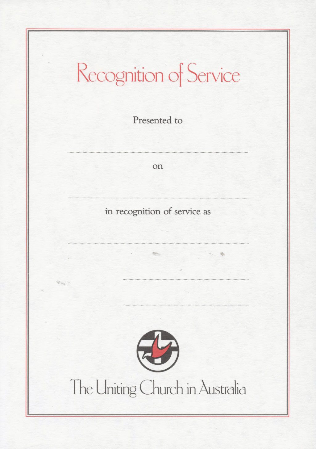 Blank Recognition of Service certificate with UCA logo