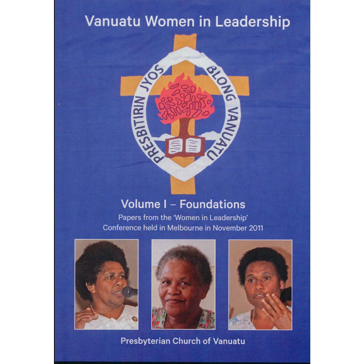Vanuatu Women in Leadership book cover with a church emblem and three women’s portraits